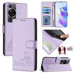 For Huawei P60/P60 Pro Cat Rat Embossed Pattern RFID Leather Phone Case with Lanyard(Purple)