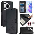 For Huawei Pura 70 Cat Rat Embossed Pattern RFID Leather Phone Case with Lanyard(Black)