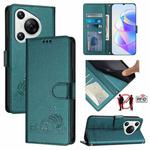 For Huawei Pura 70 Cat Rat Embossed Pattern RFID Leather Phone Case with Lanyard(Peacock Green)