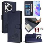 For Huawei Pura 70 Cat Rat Embossed Pattern RFID Leather Phone Case with Lanyard(Blue)