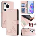 For Huawei Pura 70 Pro Cat Rat Embossed Pattern RFID Leather Phone Case with Lanyard(Pink)