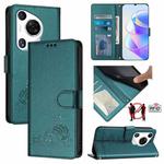 For Huawei Pura 70 Pro Cat Rat Embossed Pattern RFID Leather Phone Case with Lanyard(Peacock Green)