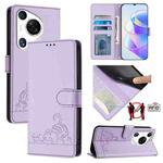 For Huawei Pura 70 Pro Cat Rat Embossed Pattern RFID Leather Phone Case with Lanyard(Purple)