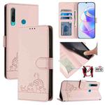 For Huawei Enjoy 9s 4G Cat Rat Embossed Pattern RFID Leather Phone Case with Lanyard(Pink)