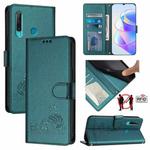 For Huawei Enjoy 9s 4G Cat Rat Embossed Pattern RFID Leather Phone Case with Lanyard(Peacock Green)