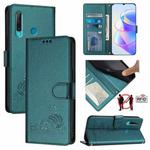 For Huawei P Smart 2019 Cat Rat Embossed Pattern RFID Leather Phone Case with Lanyard(Peacock Green)