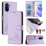 For Huawei nova Y70 Plus Cat Rat Embossed Pattern RFID Leather Phone Case with Lanyard(Purple)