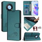 For Huawei Enjoy 50 Pro 4G Cat Rat Embossed Pattern RFID Leather Phone Case with Lanyard(Peacock Green)