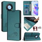 For Huawei nova Y90 Cat Rat Embossed Pattern RFID Leather Phone Case with Lanyard(Peacock Green)