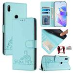For Huawei P Smart Z Cat Rat Embossed Pattern RFID Leather Phone Case with Lanyard(Mint Green)