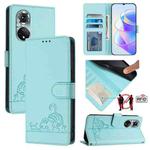 For Huawei nova 9 Cat Rat Embossed Pattern RFID Leather Phone Case with Lanyard(Mint Green)