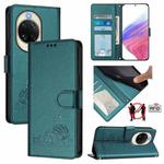 For Huawei nova 14 5G Cat Rat Embossed Pattern RFID Leather Phone Case with Lanyard(Peacock Green)