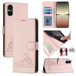 For Sony 5 V 2023 Cat Rat Embossed Pattern RFID Leather Phone Case with Lanyard(Pink)
