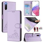 For Sony Xperia 10 IV Cat Rat Embossed Pattern RFID Leather Phone Case with Lanyard(Purple)