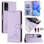 For TCL 40 R Cat Rat Embossed Pattern RFID Leather Phone Case with Lanyard(Purple)