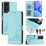 For TCL 50 SE Cat Rat Embossed Pattern RFID Leather Phone Case with Lanyard(Mint Green)