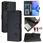 For TCL 50 SE Cat Rat Embossed Pattern RFID Leather Phone Case with Lanyard(Black)