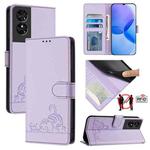 For TCL 50 SE Cat Rat Embossed Pattern RFID Leather Phone Case with Lanyard(Purple)