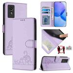 For TCL 501 Cat Rat Embossed Pattern RFID Leather Phone Case with Lanyard(Purple)
