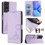 For TCL 505 Cat Rat Embossed Pattern RFID Leather Phone Case with Lanyard(Purple)