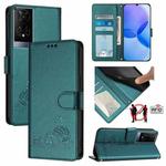 For TCL 50 XE Cat Rat Embossed Pattern RFID Leather Phone Case with Lanyard(Peacock Green)