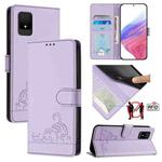 For TCL 502 Cat Rat Embossed Pattern RFID Leather Phone Case with Lanyard(Purple)