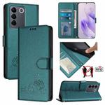 For vivo V27 Pro 5G Global Cat Rat Embossed Pattern RFID Leather Phone Case with Lanyard(Peacock Green)