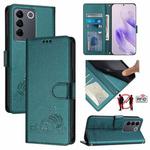 For vivo T2 4G Global Cat Rat Embossed Pattern RFID Leather Phone Case with Lanyard(Peacock Green)