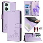 For vivo Y03 4G Global Cat Rat Embossed Pattern RFID Leather Phone Case with Lanyard(Purple)