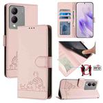 For vivo Y17S 4G Global Cat Rat Embossed Pattern RFID Leather Phone Case with Lanyard(Pink)