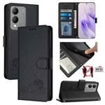 For vivo Y17S 5G India Cat Rat Embossed Pattern RFID Leather Phone Case with Lanyard(Black)