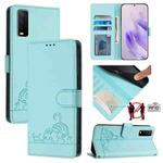 For vivo Y12S / iQOO U1x Cat Rat Embossed Pattern RFID Leather Phone Case with Lanyard(Mint Green)