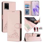 For vivo Y33S 4G Global Cat Rat Embossed Pattern RFID Leather Phone Case with Lanyard(Pink)
