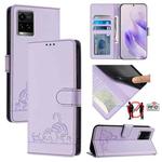 For vivo Y33S 4G Global Cat Rat Embossed Pattern RFID Leather Phone Case with Lanyard(Purple)