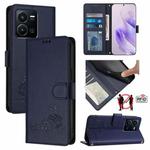 For vivo Y22S 4G Global Cat Rat Embossed Pattern RFID Leather Phone Case with Lanyard(Blue)