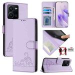 For vivo Y22S 4G Global Cat Rat Embossed Pattern RFID Leather Phone Case with Lanyard(Purple)