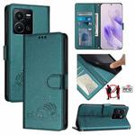 For vivo Y22 4G Global Cat Rat Embossed Pattern RFID Leather Phone Case with Lanyard(Peacock Green)