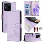 For vivo Y77 5G Global / Y77E 5G Cat Rat Embossed Pattern RFID Leather Phone Case with Lanyard(Purple)