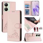 For vivo Y27 4G 2023 Global Cat Rat Embossed Pattern RFID Leather Phone Case with Lanyard(Pink)