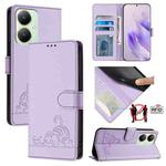 For vivo Y27 4G 2023 Global Cat Rat Embossed Pattern RFID Leather Phone Case with Lanyard(Purple)