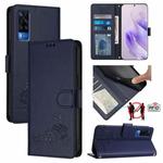 For vivo Y51 2020 India Cat Rat Embossed Pattern RFID Leather Phone Case with Lanyard(Blue)