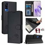 For vivo Y31 4G 2021 India Cat Rat Embossed Pattern RFID Leather Phone Case with Lanyard(Black)