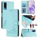 For vivo Y53S 4G / Y51A 2021 Cat Rat Embossed Pattern RFID Leather Phone Case with Lanyard(Mint Green)