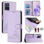 For vivo Y55S 2023 5G Cat Rat Embossed Pattern RFID Leather Phone Case with Lanyard(Purple)