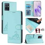 For vivo Y75 5G Global Cat Rat Embossed Pattern RFID Leather Phone Case with Lanyard(Mint Green)