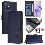 For vivo Y75 5G Global Cat Rat Embossed Pattern RFID Leather Phone Case with Lanyard(Blue)