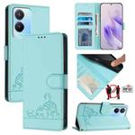 For vivo Y56 5G Global Cat Rat Embossed Pattern RFID Leather Phone Case with Lanyard(Mint Green)