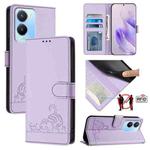 For vivo Y56 5G Global Cat Rat Embossed Pattern RFID Leather Phone Case with Lanyard(Purple)