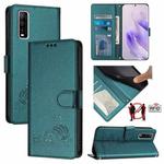 For vivo Y70S Cat Rat Embossed Pattern RFID Leather Phone Case with Lanyard(Peacock Green)