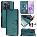 For vivo Y36 4G Global Cat Rat Embossed Pattern RFID Leather Phone Case with Lanyard(Peacock Green)